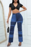 Schwarze, lässige Patchwork-Kontrast-Jeans mit hoher Taille