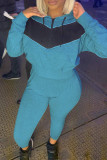 Голубой Повседневный Лоскутный воротник с капюшоном и контрастным воротником с длинными рукавами из двух предметов