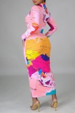 Rosa Casual Print Basic långärmade klänningar med turtleneck