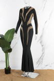 黒のセクシーなパッチワーク シースルー O ネック ロング ドレス ドレス