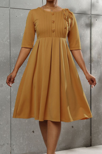 Ginger Casual Elegant Solid Patchwork Buttons With Bow O Neck A Line Dresses