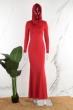 Rode casual effen basic lange jurk met capuchon en kraag