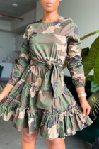 Groene casual camouflageprint patchwork O-hals jurken met lange mouwen