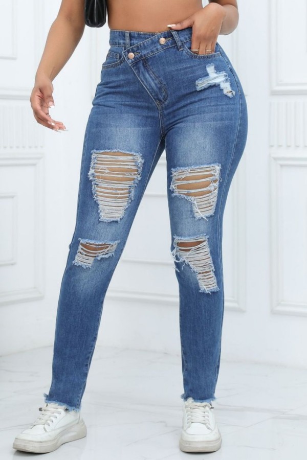 Deep Blue Casual Solid Patchwork High Waist Skinny Ripped Denim Jeans