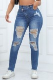 Голубые повседневные однотонные рваные джинсы скинни с высокой талией в стиле пэчворк