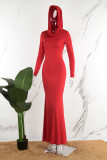 Red Casual Solid Basic Hooded Collar Long Dress Dresses