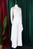 White Elegant Solid Patchwork Pleated Halter Long Sleeve Two Pieces