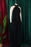 Black Elegant Solid Patchwork Pleated Halter Long Sleeve Two Pieces