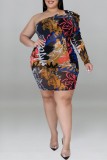 Red Sexy Print Backless Oblique Collar Vestidos Plus Size