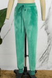 Grüne, lässige, solide Patchwork-Hose mit Kordelzug und Tasche, normale mittlere Taille, herkömmliche einfarbige Hose