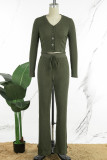 Verde militare Casual Solido Patchwork Disegna Stringa Fibbia Scollo a V Manica lunga Due pezzi