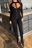 Black Sexy Casual Solid Hollowed Out Slit Zipper Collar Skinny Jumpsuits