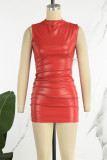 Red Sexy Solid Basic Turtleneck Wrapped Skirt Dresses