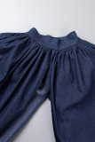 Tiefblaue Street Solid Patchwork-Knöpfe, rückenfrei, O-Ausschnitt, lange Ärmel, lockere Jeansjacke