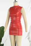 Rote, sexy, einfarbige Basic-Kleider mit Rollkragen und Wickelrock