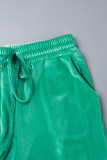 Grüne, lässige, solide Patchwork-Hose mit Kordelzug und Tasche, normale mittlere Taille, herkömmliche einfarbige Hose