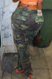 Pantaloni dritti a vita alta con stampa mimetica da strada verde militare