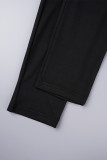 Negro Casual parches lisos bolsillo cremallera cuello con capucha manga larga dos piezas
