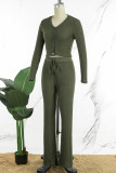Verde militare Casual Solido Patchwork Disegna Stringa Fibbia Scollo a V Manica lunga Due pezzi