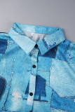 Das Cowboy-blaue Casual-Print-Patchwork-Kleid mit V-Ausschnitt und bedrucktem Kleid in Übergröße