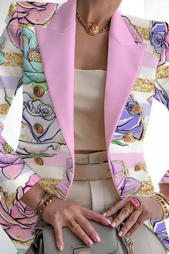 White Pink Casual Print Patchwork Cardigan Turn-back Collar Outerwear