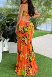 Oranje sexy print uitgeholde rugloze split spaghetti lange jurk jurken