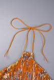 オレンジのセクシーなソリッドスパンコールパッチワークホットドリルホルターラップスカートドレス