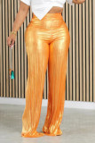 Оранжевый Повседневный однотонный пэчворк Прямые широкие брюки с высокой талией Однотонные плавки