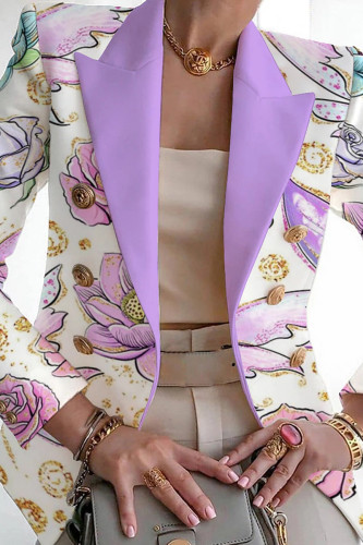 Бело-фиолетовый повседневный лоскутный кардиган с принтом и воротником-стойкой Верхняя одежда