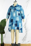 カウボーイ ブルー カジュアル プリント パッチワーク V ネック プリント ドレス プラス サイズ ドレス