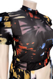 Vestidos de talla grande rectos con cuello mandarín asimétrico transparente de patchwork con estampado sexy multicolor