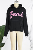 Black Casual Letter Print Basic Hooded Collar Tops
