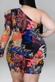 Red Sexy Print Backless Oblique Collar Vestidos Plus Size