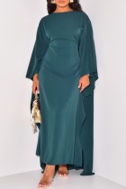 Malachitgrünes, lässiges, solides, einfaches, langes Kleid mit O-Ausschnitt
