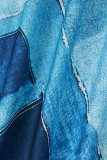 Vestido estampado casual azul cowboy patchwork com decote em V vestidos plus size