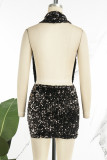 ブラウン セクシー ソリッド スパンコール パッチワーク ホルター ラップ スカート ドレス
