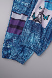 Blauwe casual print patchwork kraag grote maat jumpsuits
