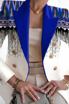 Синий повседневный кардиган в стиле пэчворк с принтом и отложным воротником Верхняя одежда