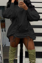 Schwarze Street Solid Patchwork-Kordelzug-Kleider mit halbem Rollkragen und langen Ärmeln