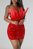 Red Sexy Solid Sequins Patchwork Feathers Strapless Wrapped Skirt Dresses