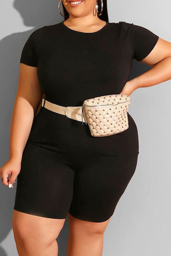 Black Casual Solid Patchwork O Neck Plus Size Two Pieces