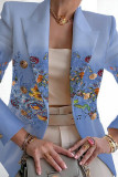 Tibetan Blue Casual Print Patchwork Cardigan Turn-back Collar Outerwear