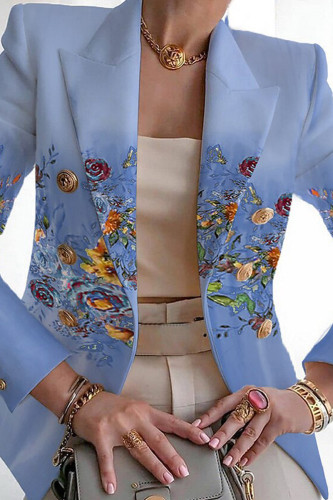 Light Blue Casual Print Patchwork Cardigan Turn-back Collar Outerwear