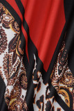 Abrikoos elegante print patchwork met riem omslagkraag lange mouw twee stukken