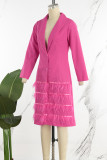 Prendas de abrigo con cuello vuelto y botones de patchwork liso casual rojo rosa