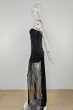 Черное сексуальное вечернее платье в стиле пэчворк с блестками и открытой спиной без бретелек.