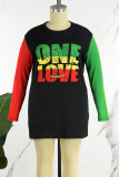 Red Green Casual Letter Print Basic O Neck Long Sleeve Plus Size Dresses