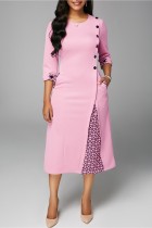 Vestidos casuais rosa de patchwork sólido decote em linha