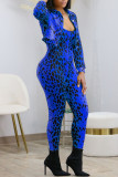 Blu stampa casual leopardo patchwork colletto con risvolto manica lunga due pezzi