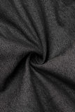 Tiefblaue Street Solid Patchwork-Knöpfe, rückenfrei, O-Ausschnitt, lange Ärmel, lockere Jeansjacke